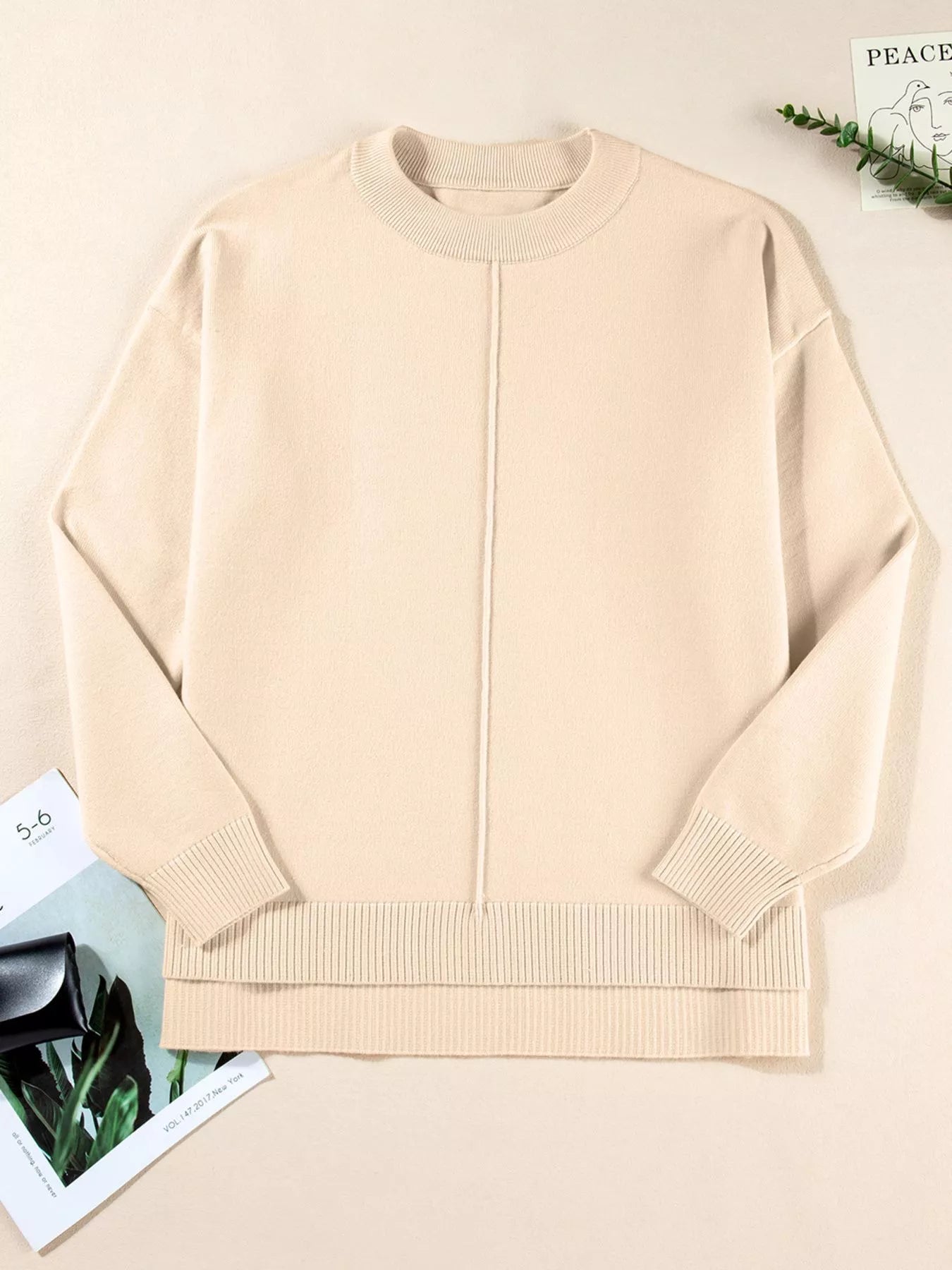 Front Center Seam Drop Shoulder Solid Sweater