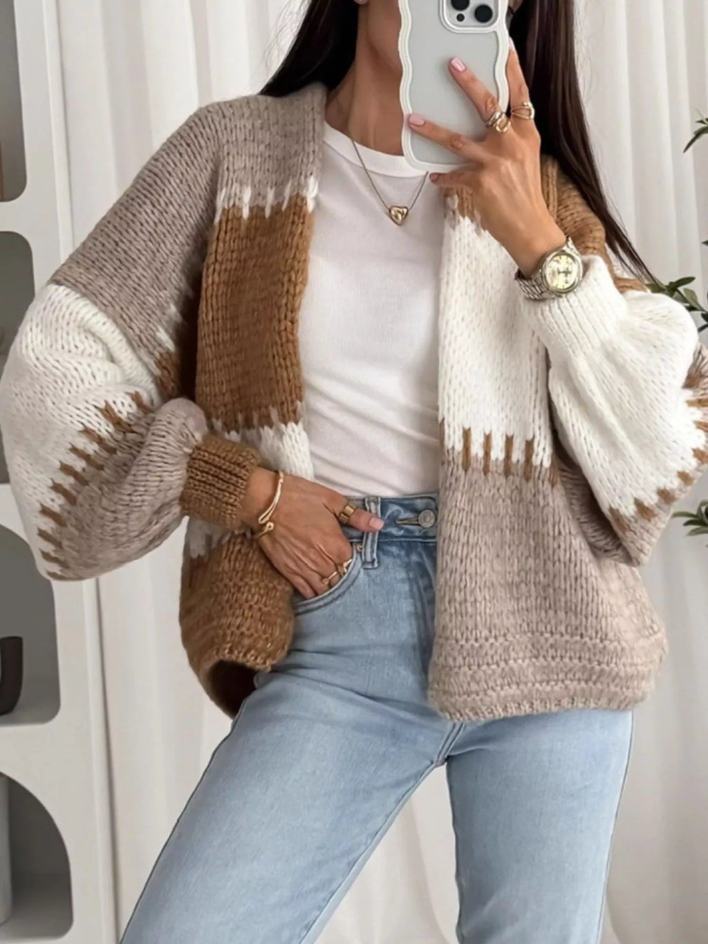 Color Block Open Front Cardigan