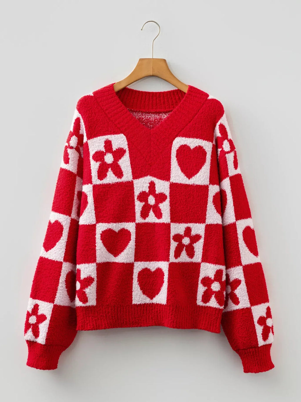 Floral Heart Checkered V-Neck Sweater