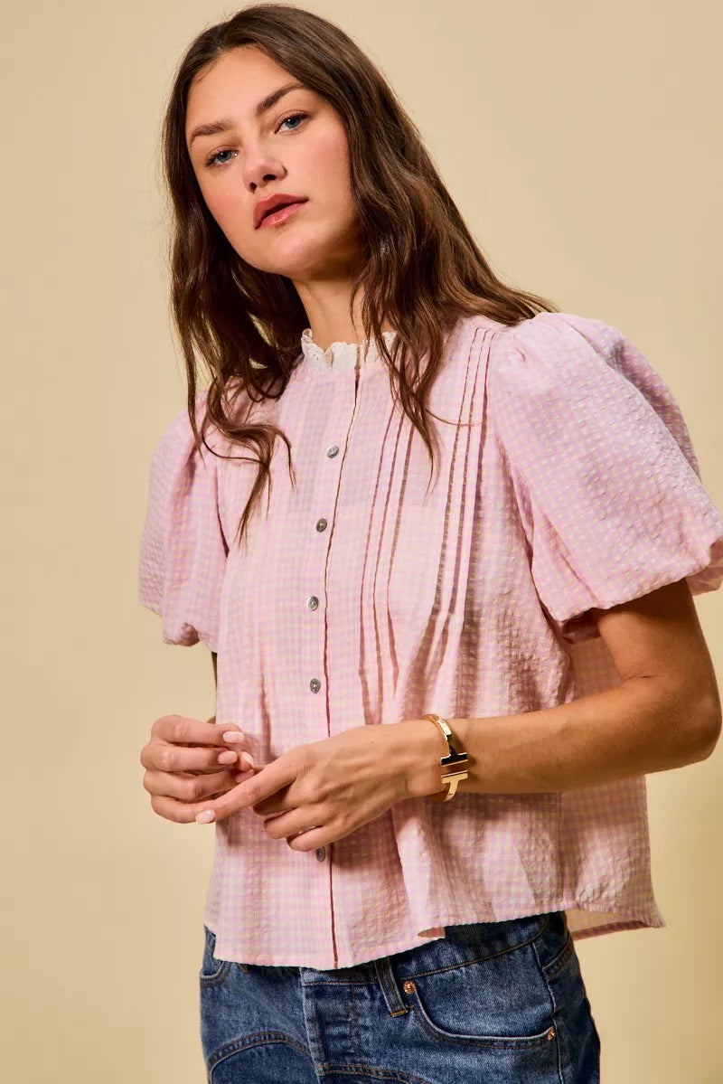 SO ME Gingham Lace Trim Button Bubble Sleeves Blouse