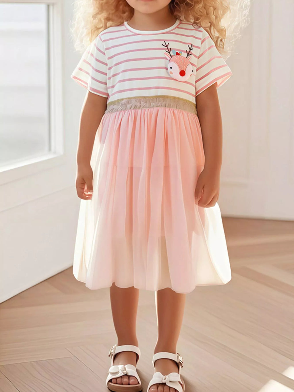 Children's Striped Tulle Dress with Reindeer Applique