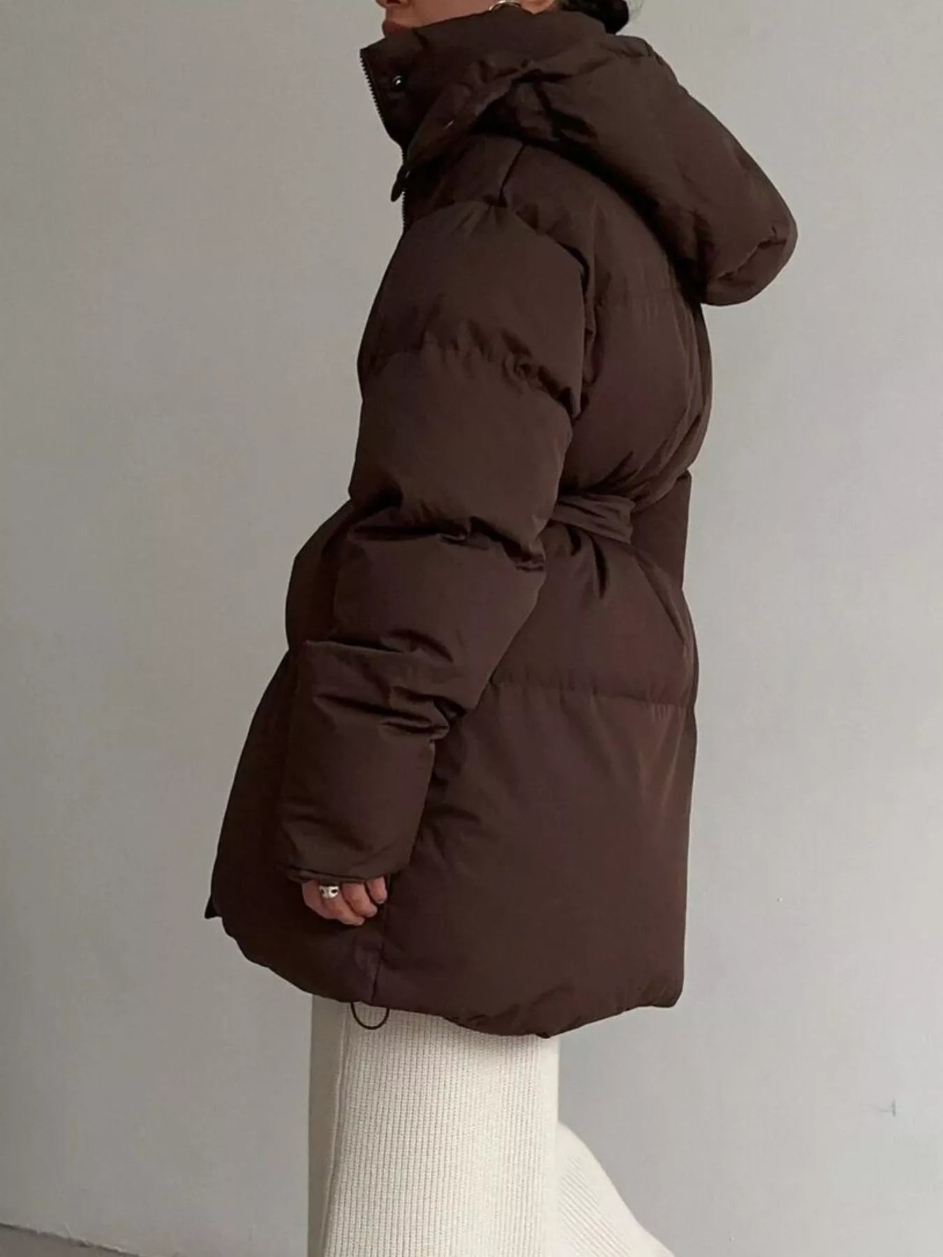 Mid-Length Thickened Hooded Winter Coat with Belted