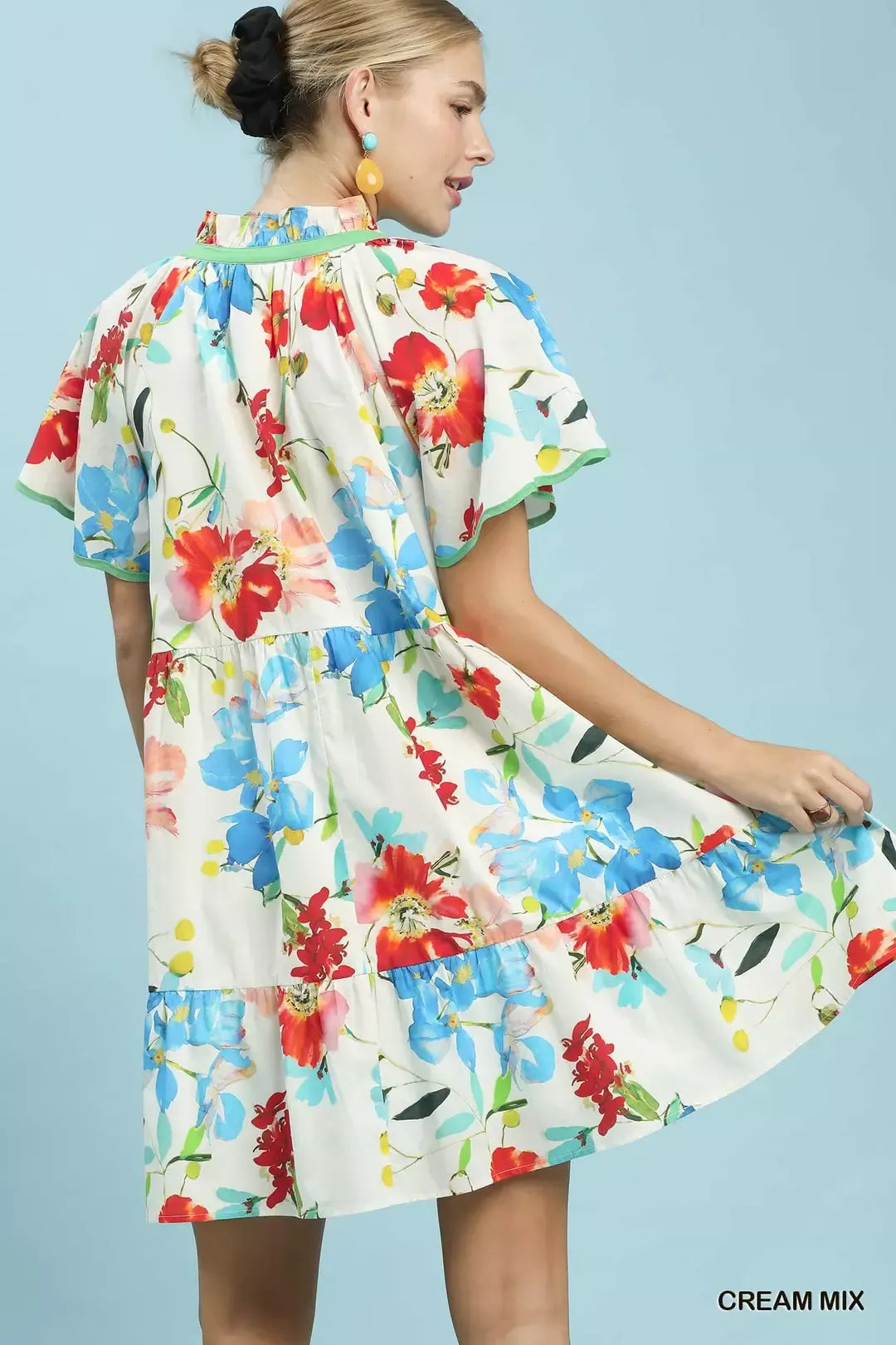 Umgee Watercolor Floral Print Dress with Contrast Trim