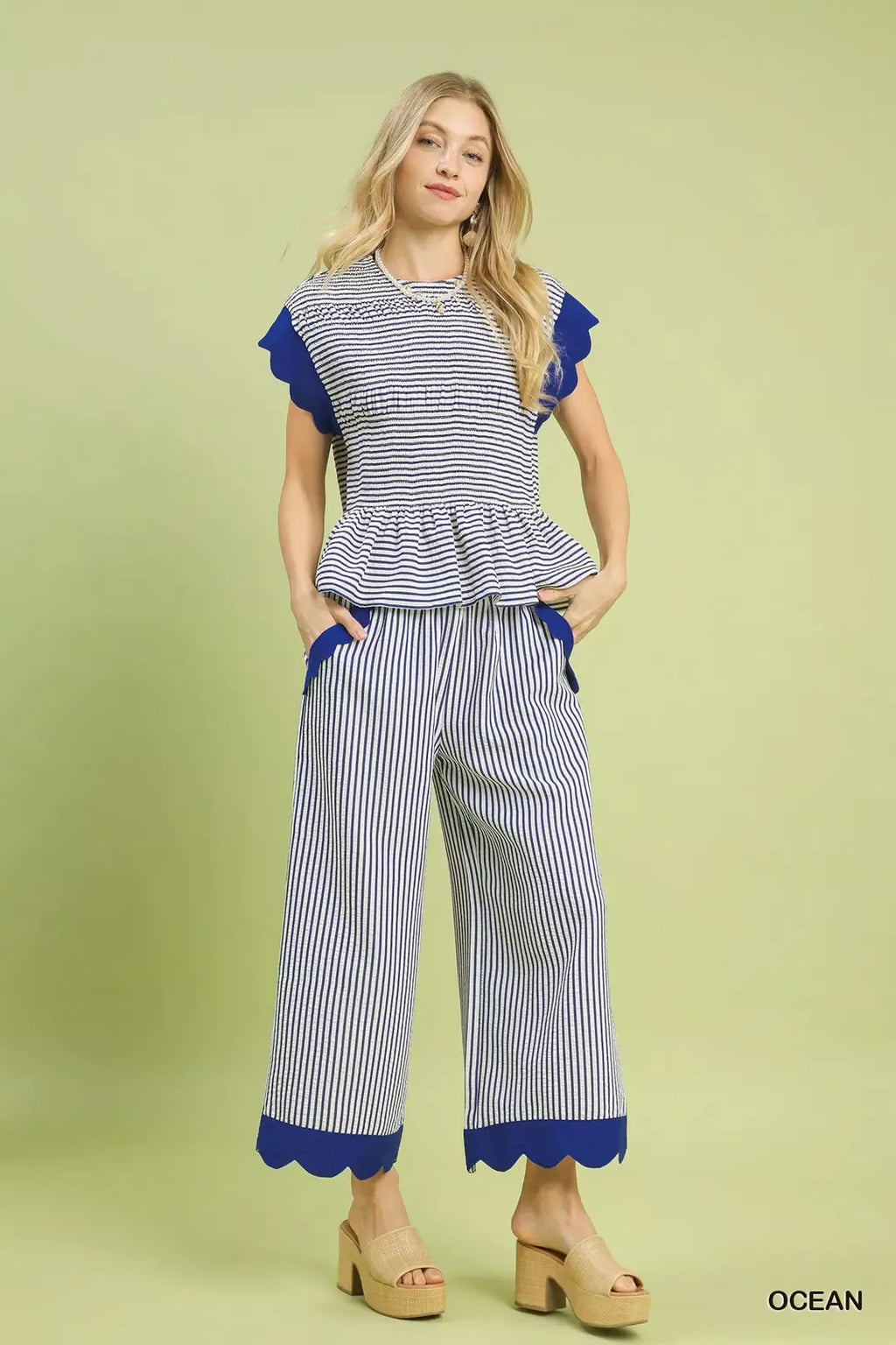 Umgee Stripe Ruffle Sleeve Peplum Top
