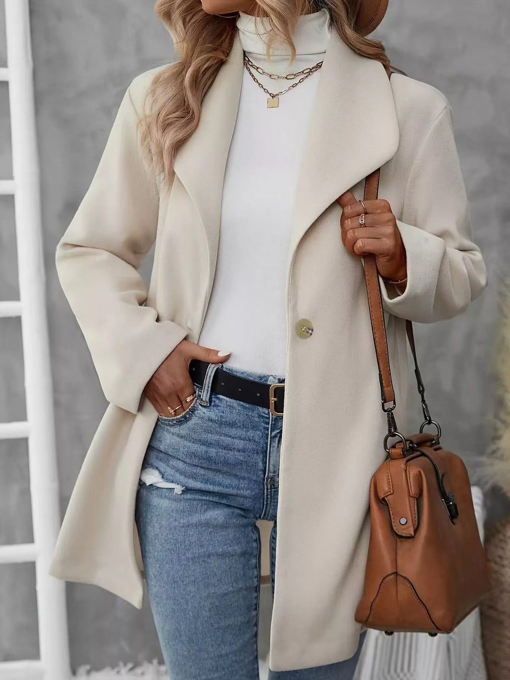 Lapel Collar Single-Button Wool Blend Overcoat