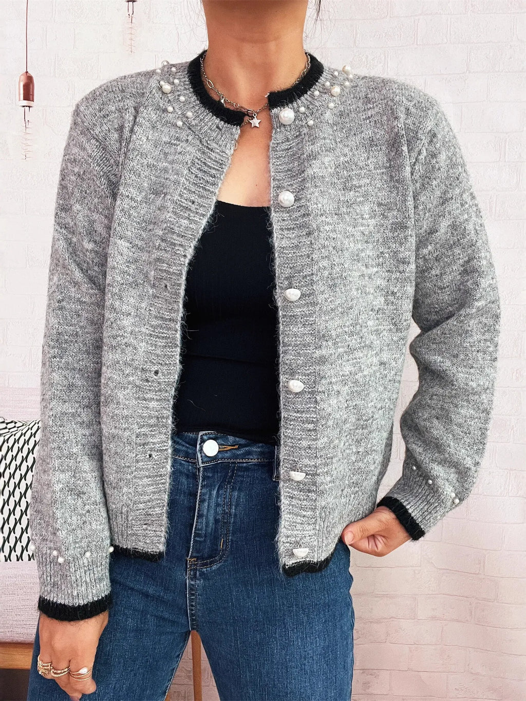 Pearl Embellished Button-Front Cardigan