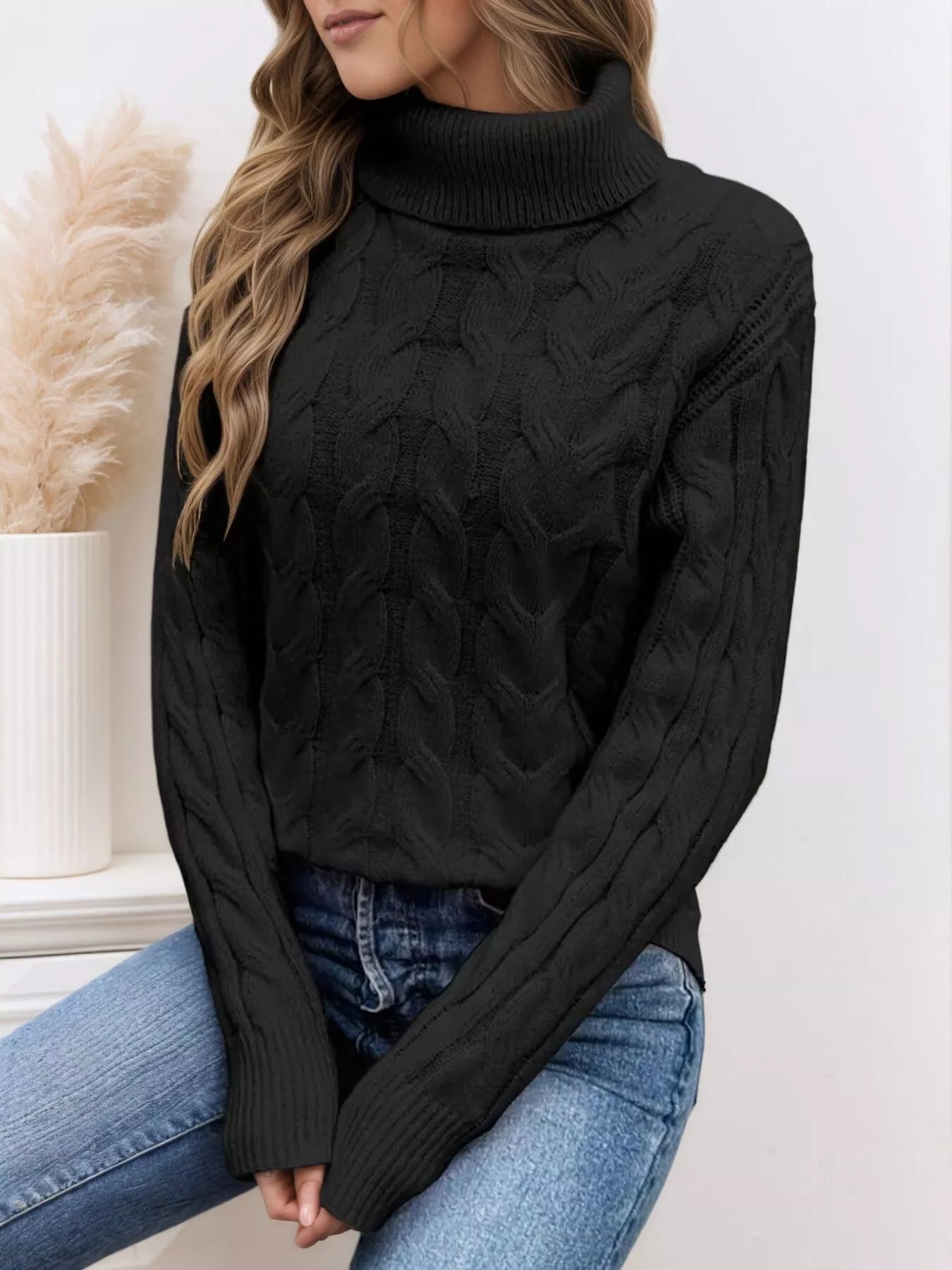 Cable Knit Turtleneck Long Sleeve Sweater
