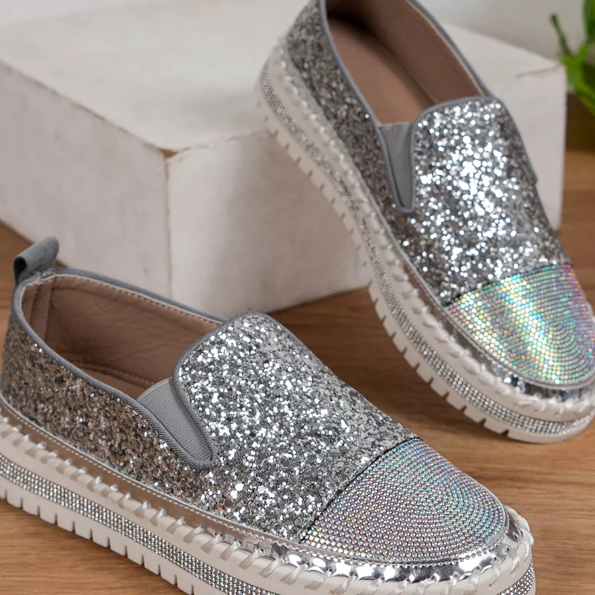 Rhinestone Sequin Round Toe Platform Loafers