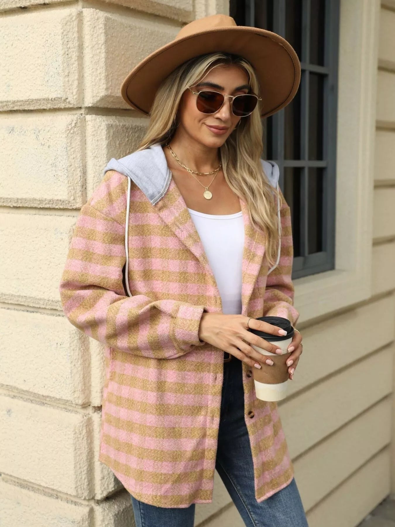 Plaid Button Up Long Sleeve Drawstring Hooded Jacket