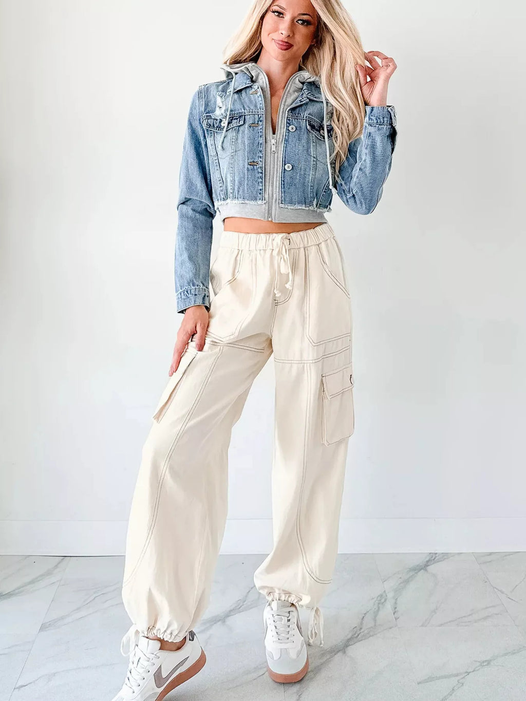 Distressed Zip Up Cropped Hooded Denim Jacket