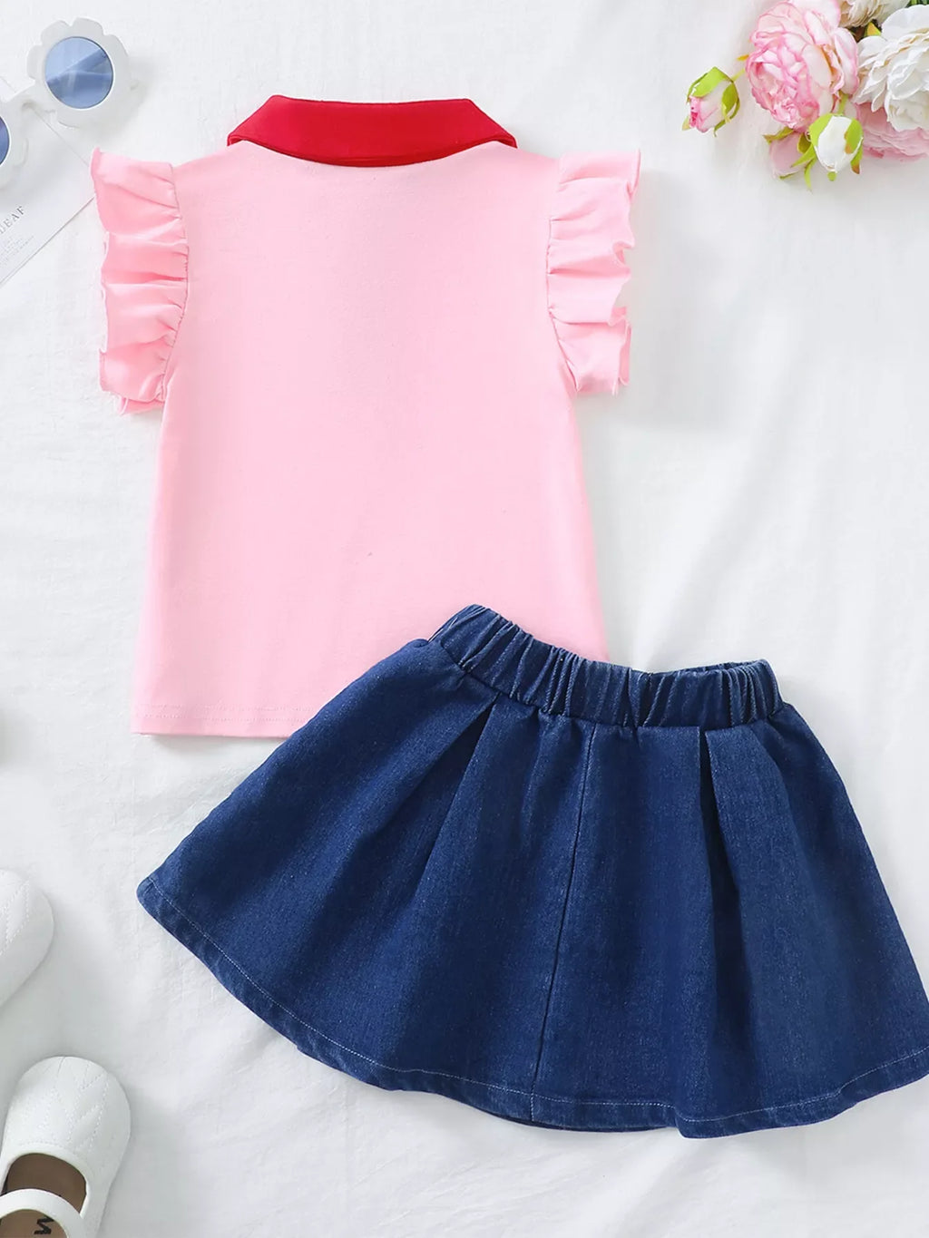 Children's Strawberry Embroidered Polo & Denim Skirt Set