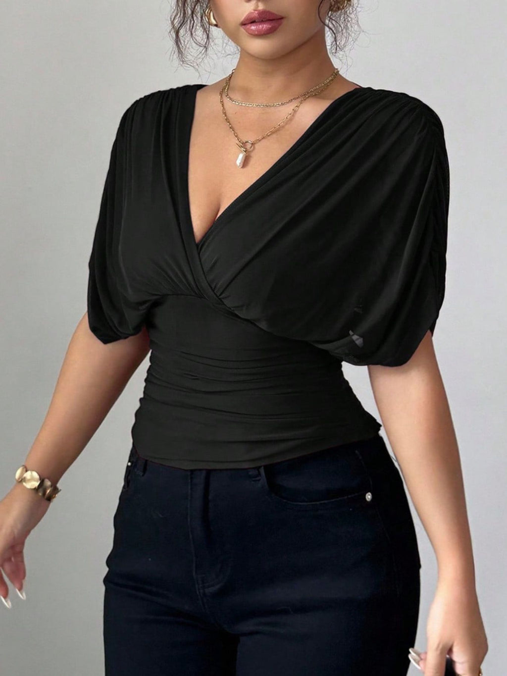 Ruched Surplice Short Sleeve Top
