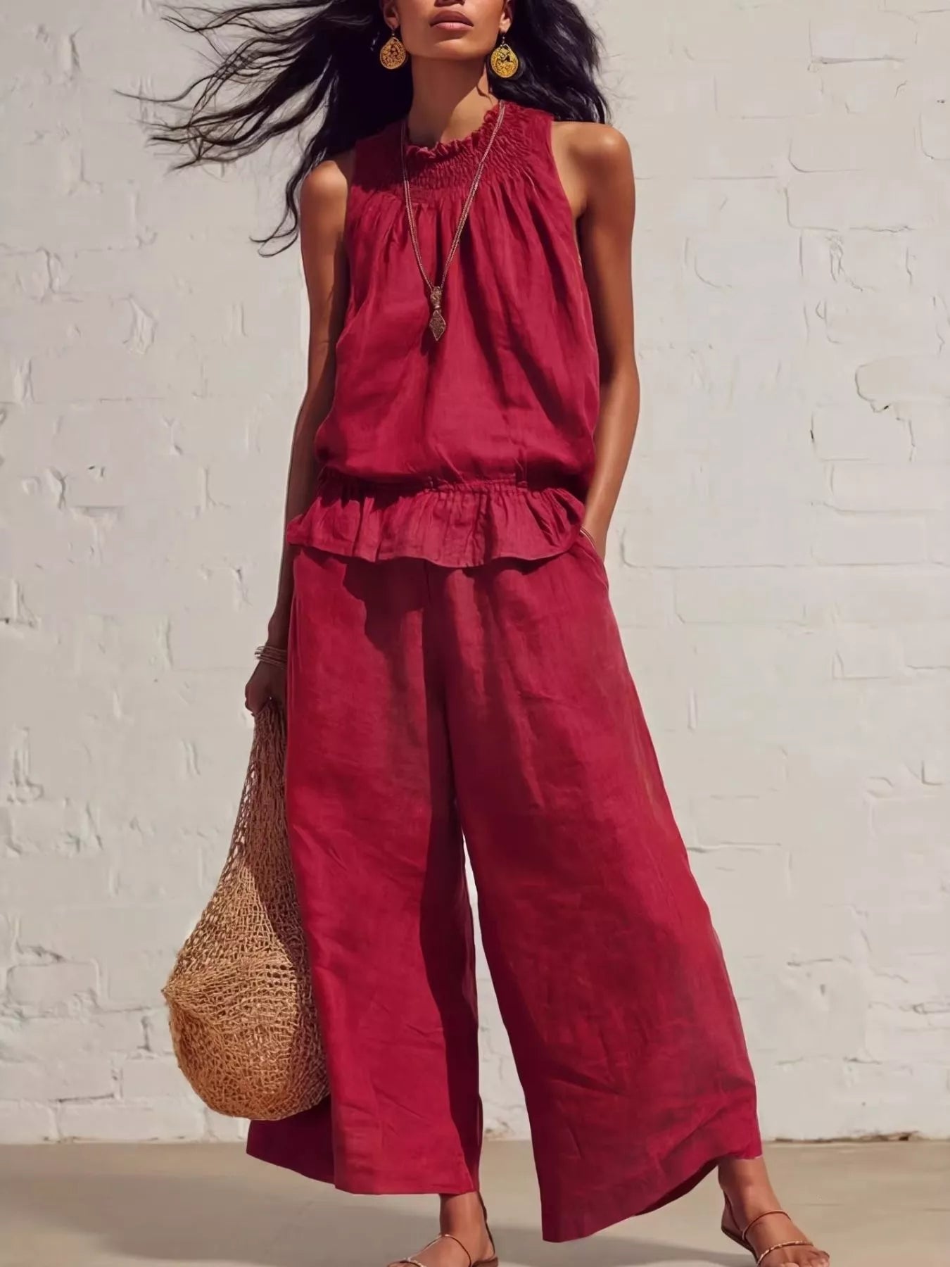 Smocked Ruffled Hem Top and Wide-Leg Pants Set