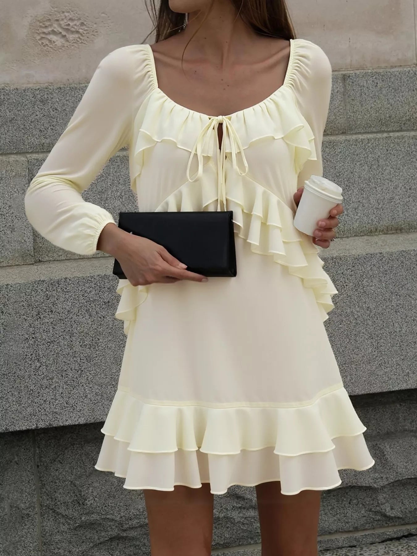 Ruffle Trimmed Long Sleeve Mini Dress
