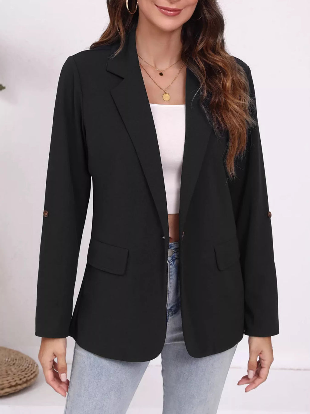 Lapel Collar Roll-Up Sleeve Blazer