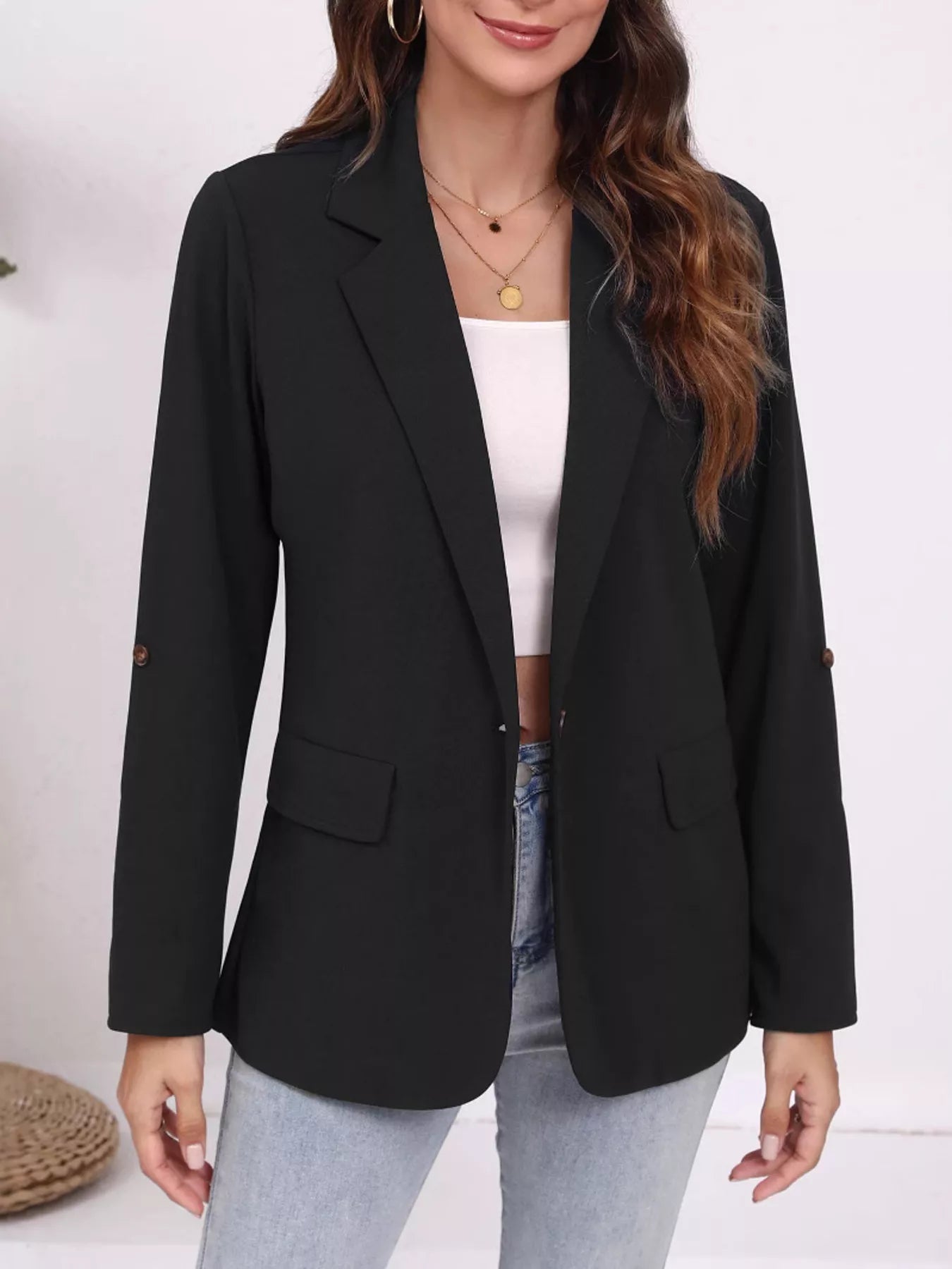 Lapel Collar Roll-Up Sleeve Blazer