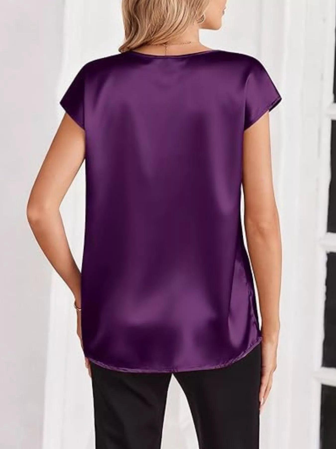 Satin V-Neck Short Sleeve Blouse