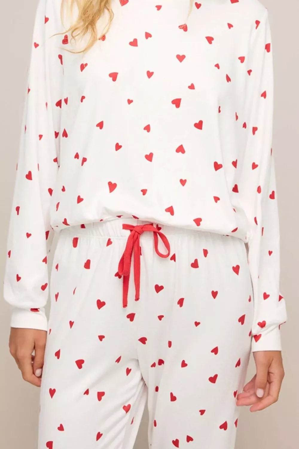 Hearts Printed Long Sleeve Top Drawstring Pants Lounge Set