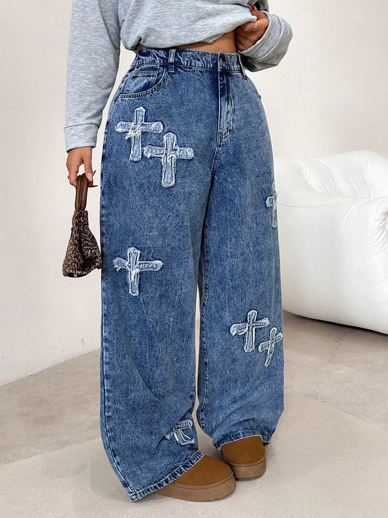 Embellished Cross Wide-Leg Jeans