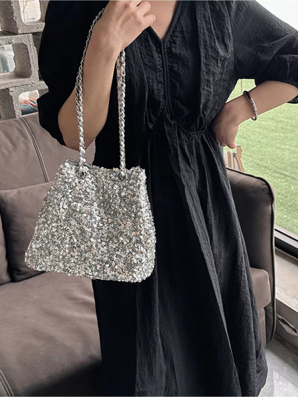 Sequin Bucket Shoulder Bag