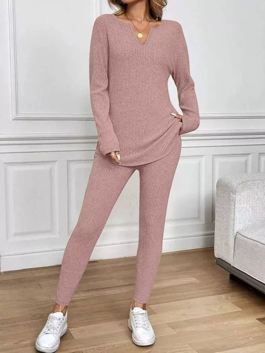 Ribbed Knit Long Sleeve Top and Pants Set