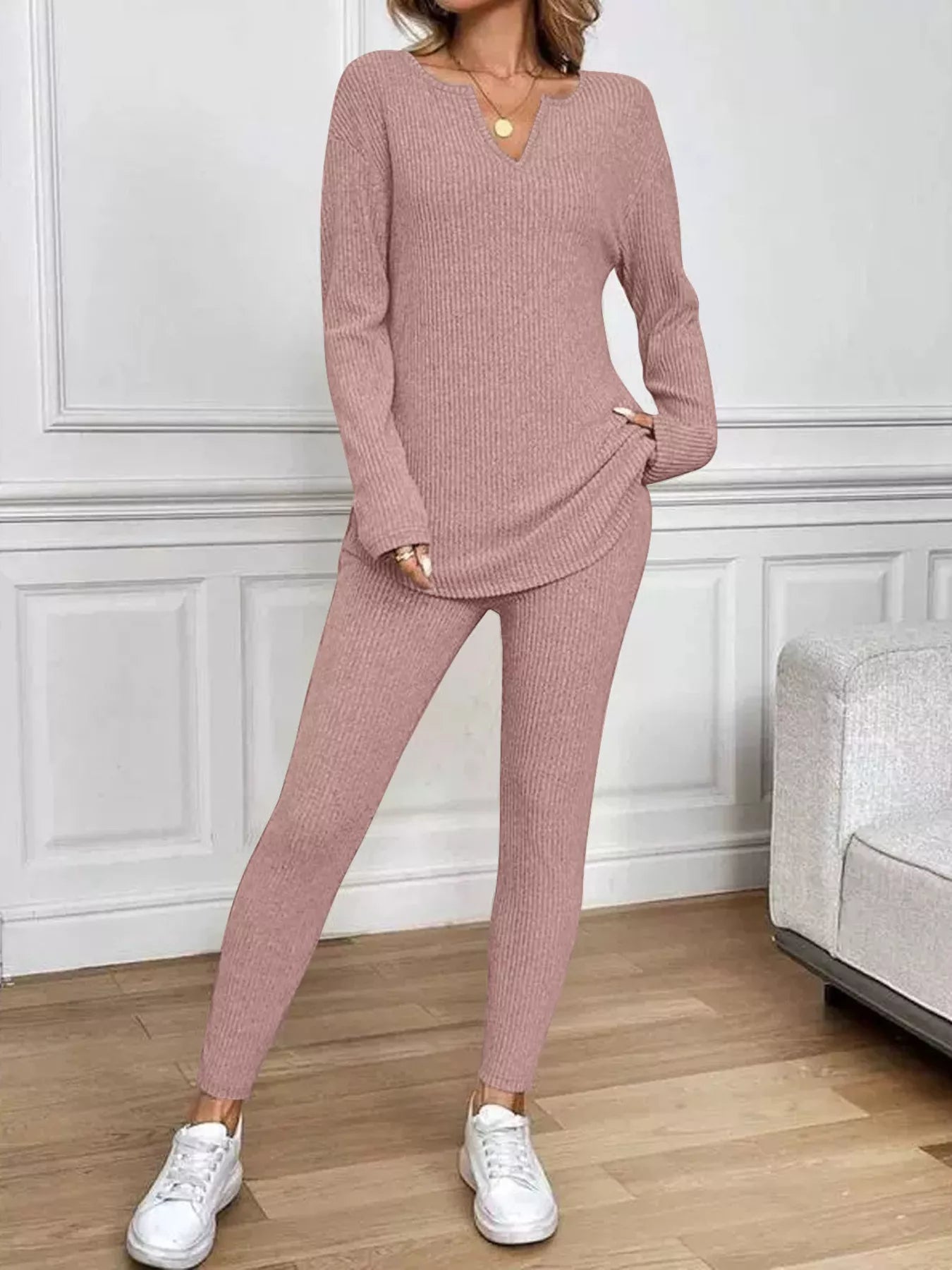 Ribbed Knit Long Sleeve Top and Pants Set