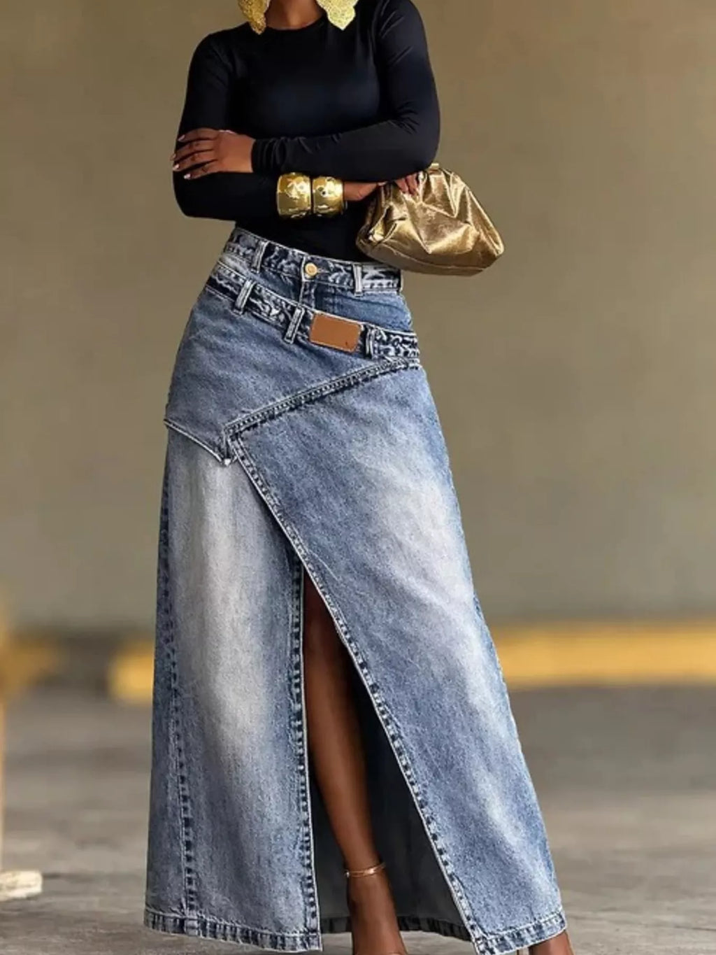 High-Waisted Slit Denim Skirt