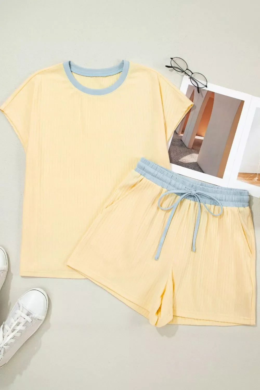 Soft Ribbed Color Block Trim Casual Short Set