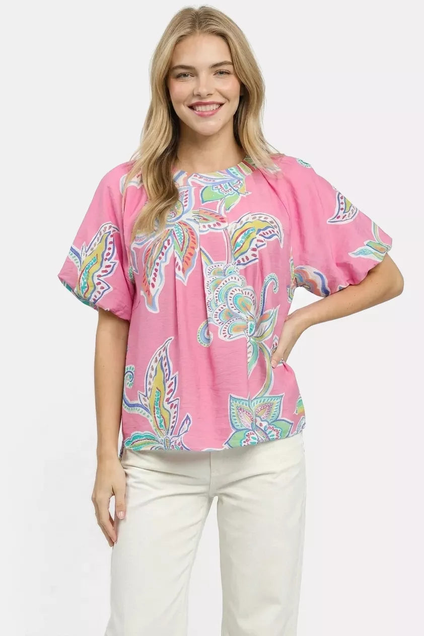 Umgee Paisley Print Puff Sleeve Top