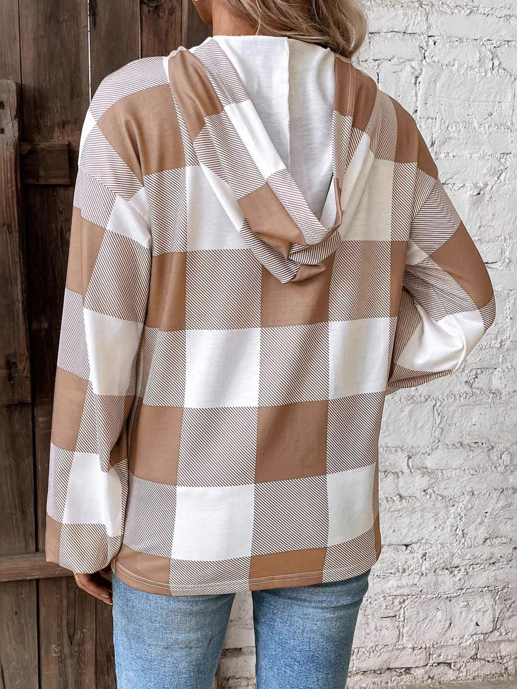 Casual Plaid Button Detail Hoodie