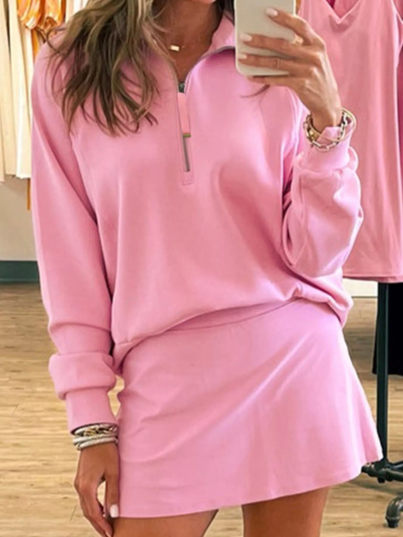 Half Zip Long Sleeve Top and Mini Skirt 2pcs Outfit