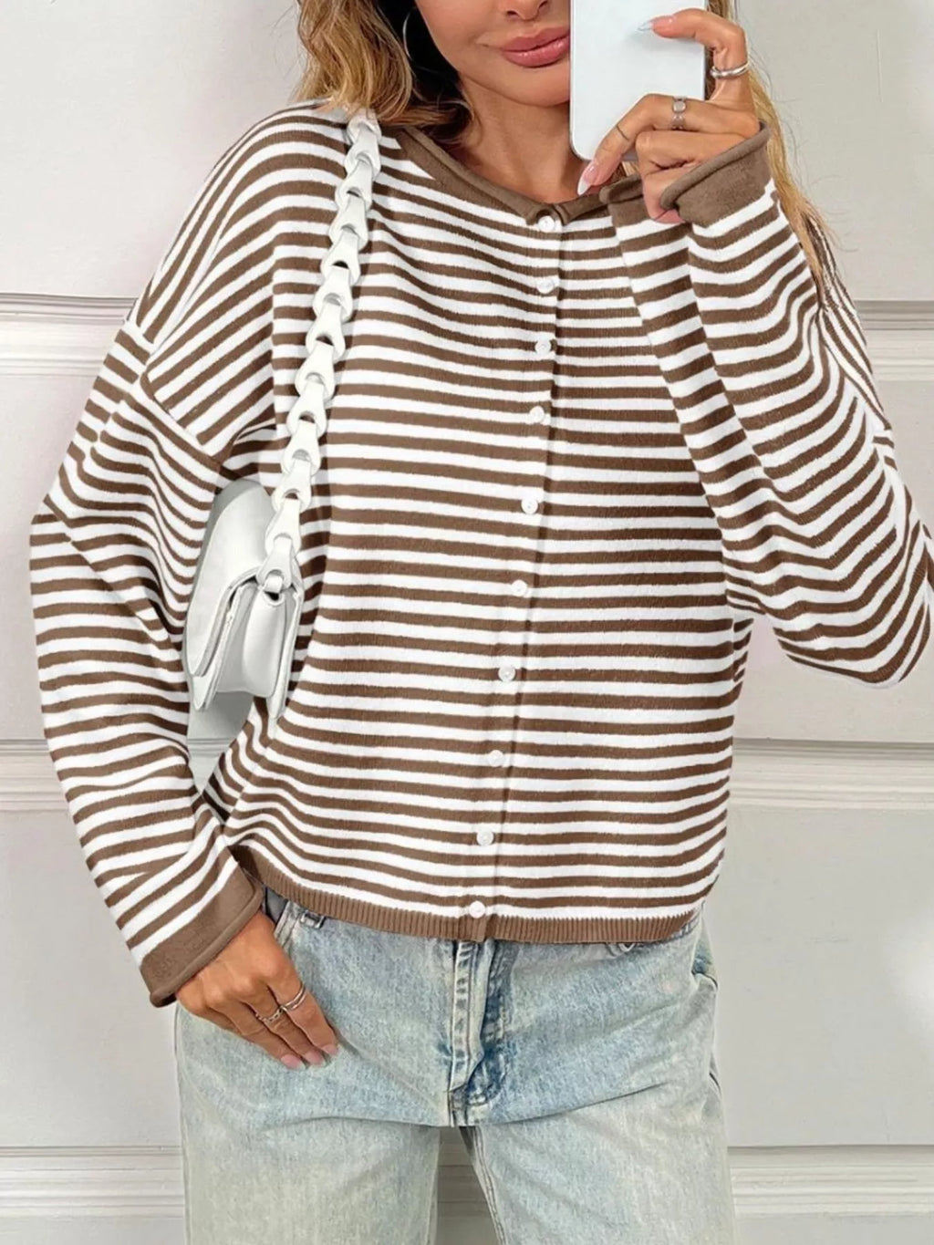 Striped Button-Down Knit Cardigan