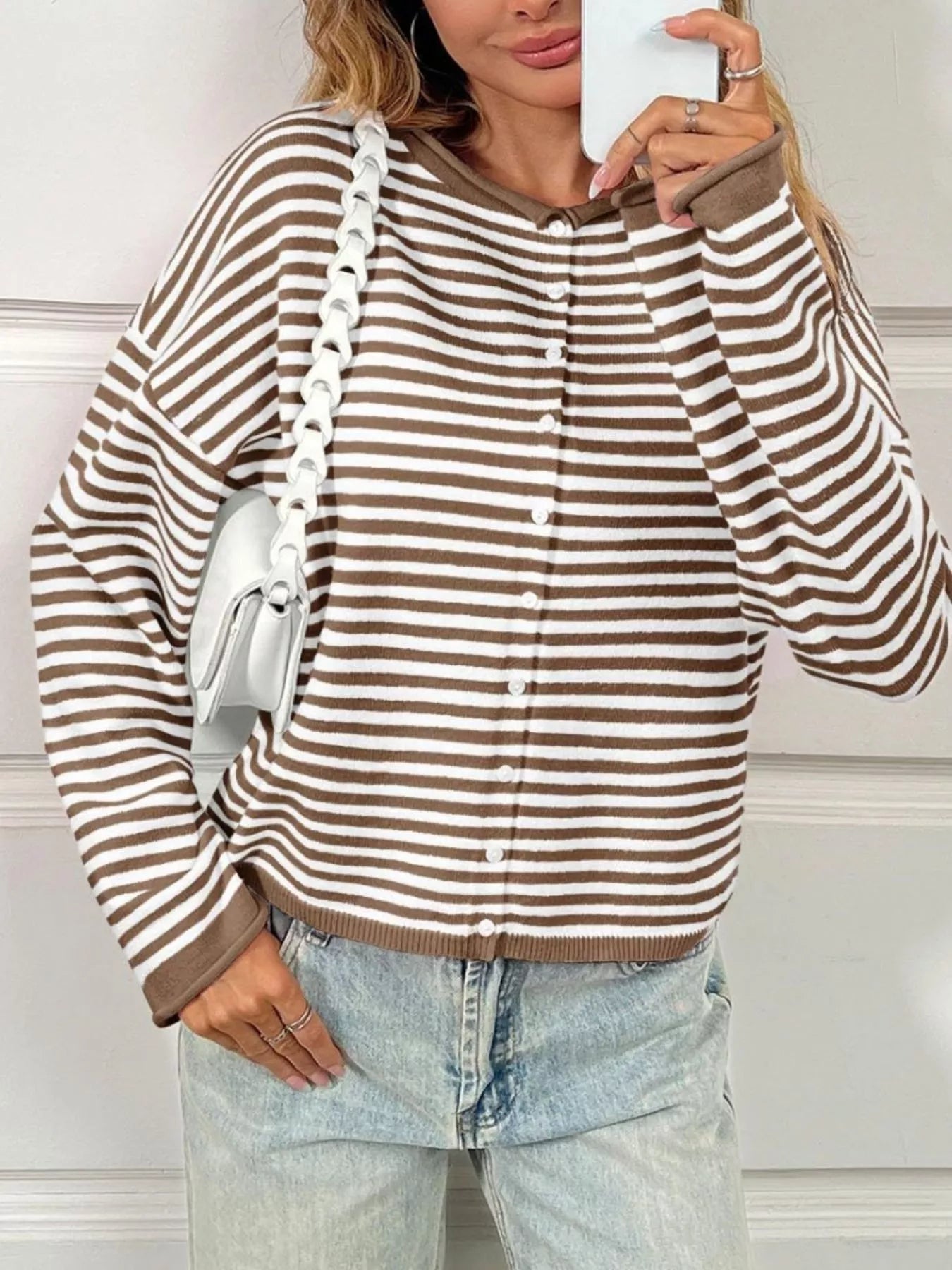 Striped Button-Down Knit Cardigan