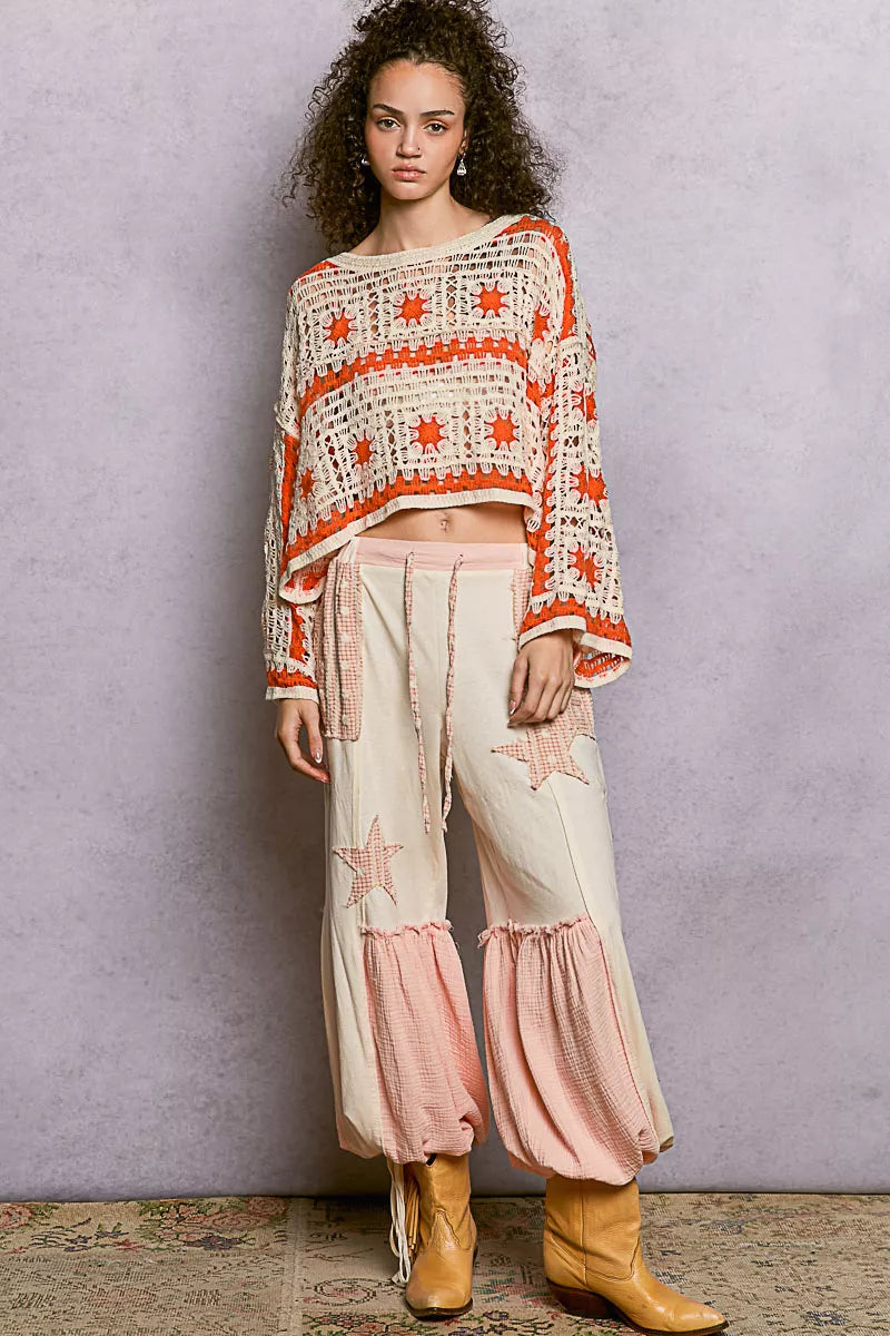 POL Boat Neck Long Sleeve Crochet Top with Granny Square Weaving