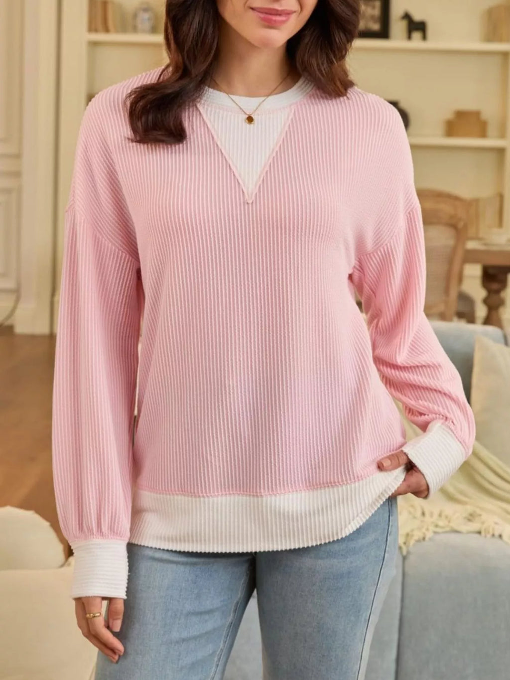 Two-Tone Ribbed Knit Sweatshirt