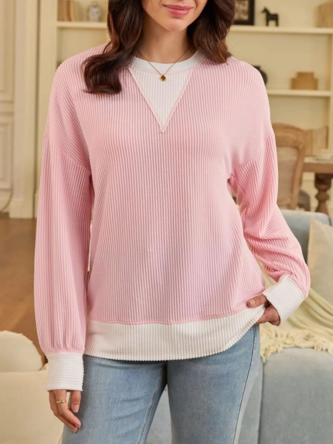 Two-Tone Ribbed Knit Sweatshirt