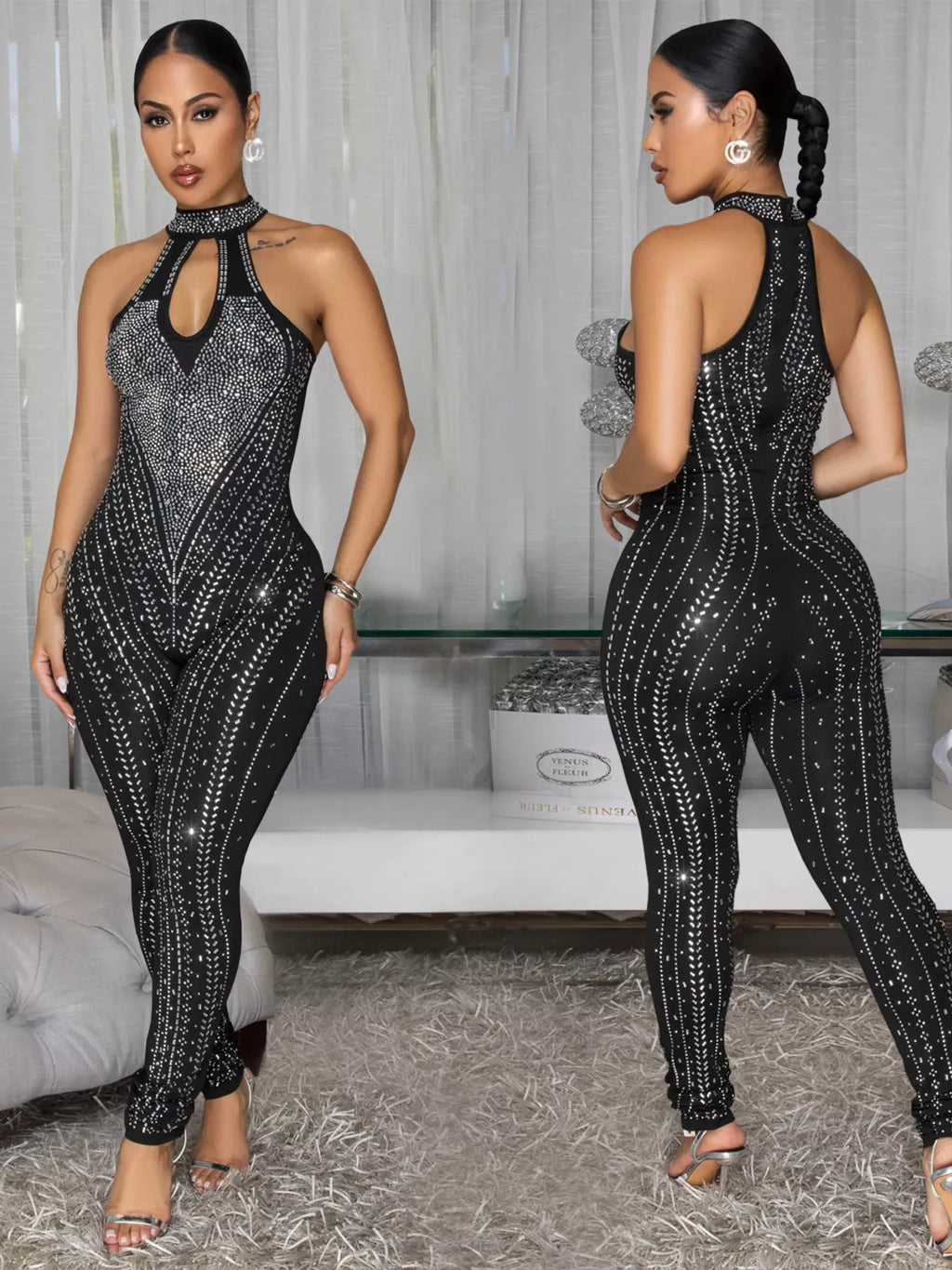 Sparkling Rhinestone Cutout Jumpsuit