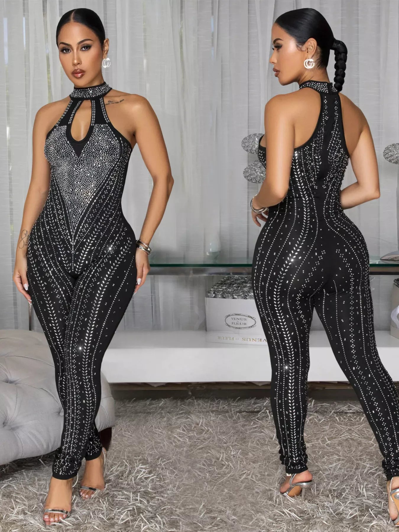 Sparkling Rhinestone Cutout Jumpsuit