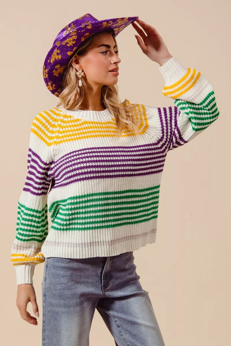 SO ME Mardi Gras Color Striped Raglan Sweater Top