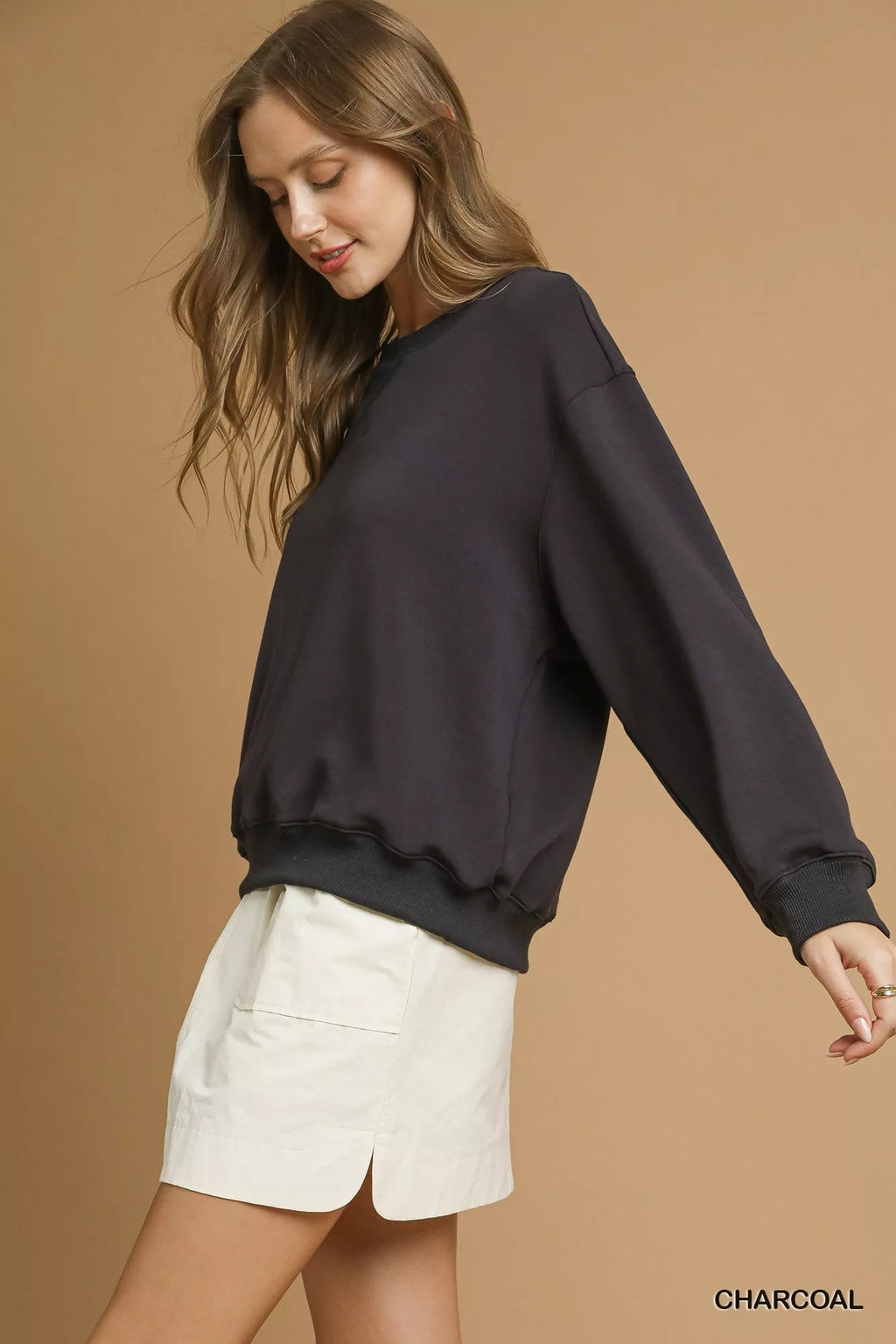 Umgee Round Neck Long Sleeve Fleece Sweatshirt