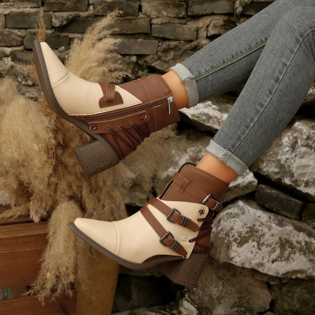 Point Toe Buckle Strap Ankle Boots with Block Heels