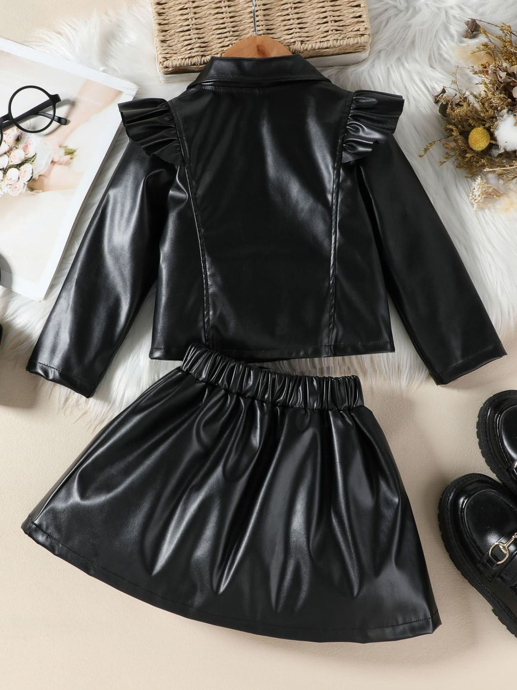 Children's Ruffled Faux Leather Top and Skirt Set
