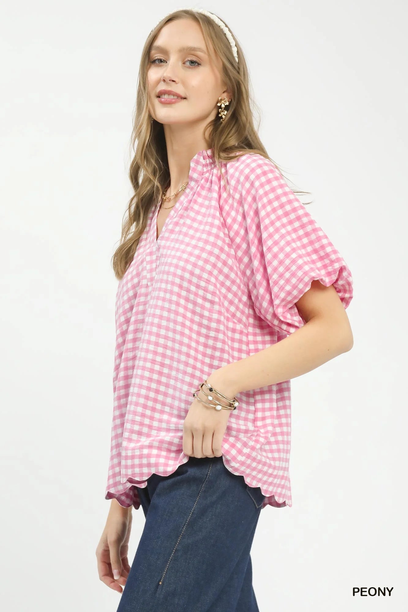 Umgee Gingham Bubble Sleeve Blouse with Scallop Hem