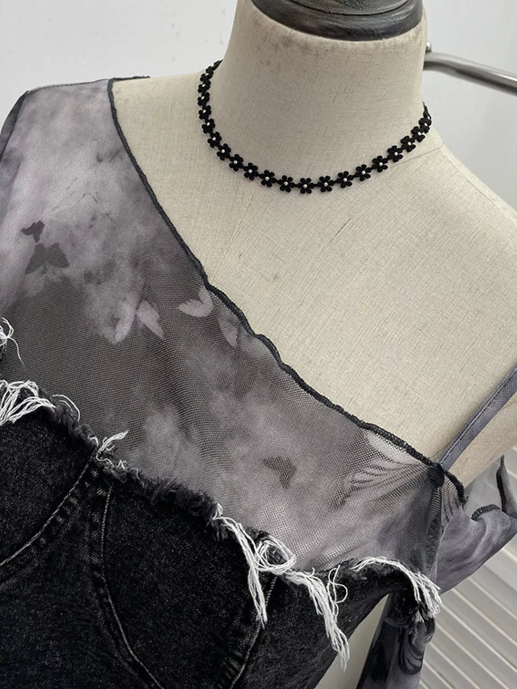 Asymmetrical Neck Denim Patchwork Top