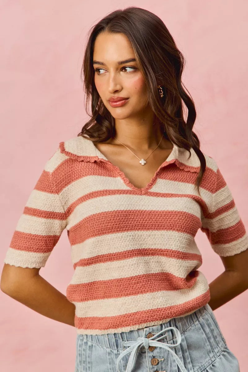 SO ME Stripe Short Sleeve Cropped Sweater