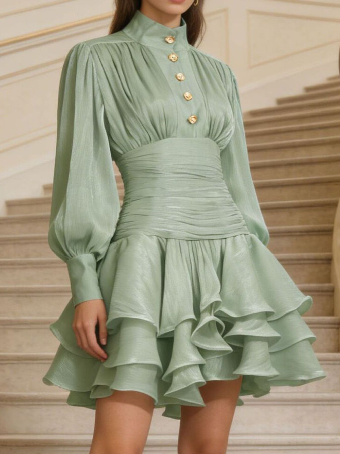 Ruffled Layered Lantern Sleeve Mini Dress