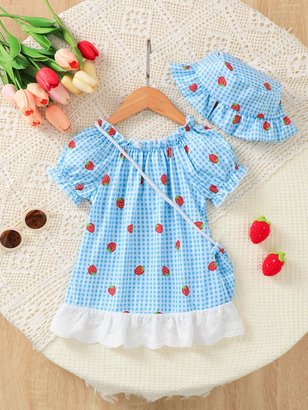 Children's Strawberry Gingham Dress with Matching Purse & Hat Set