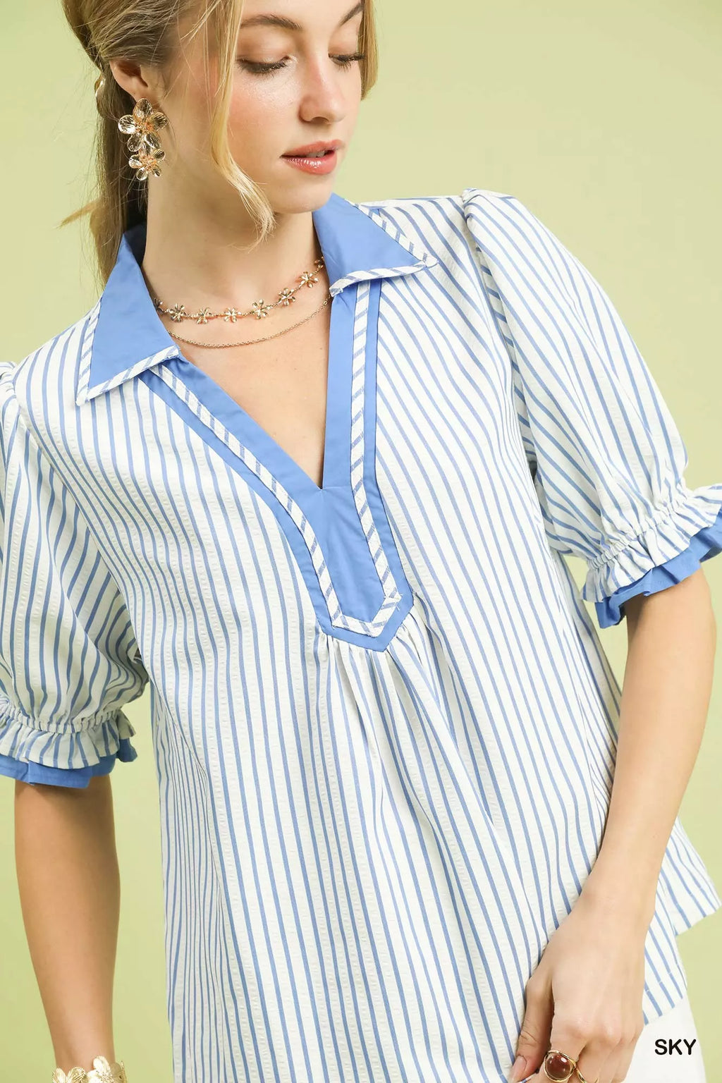 Umgee Seersucker Stripe Ruffle Sleeve Top
