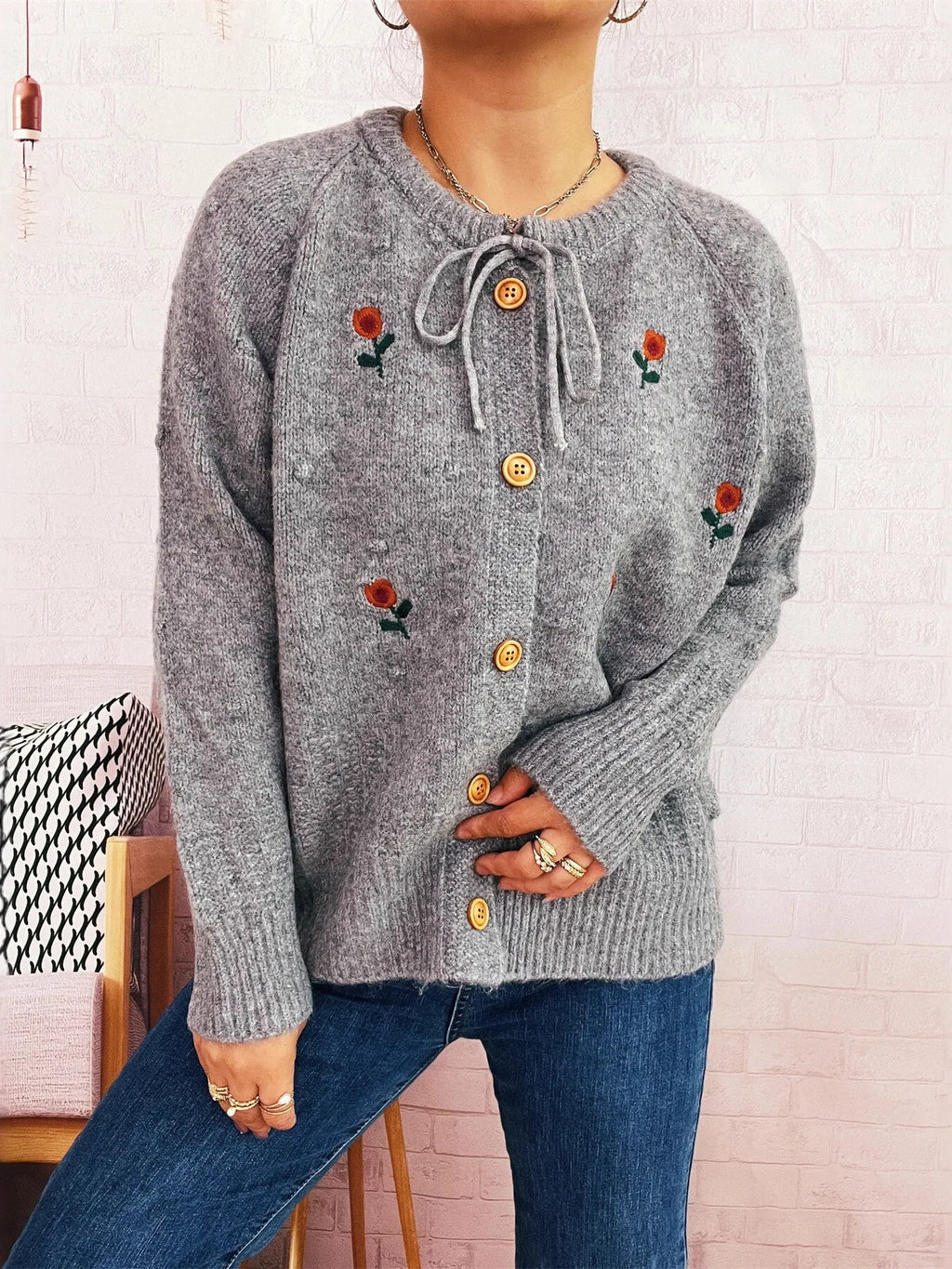 Rose Embroidered Button-Up Cardigan