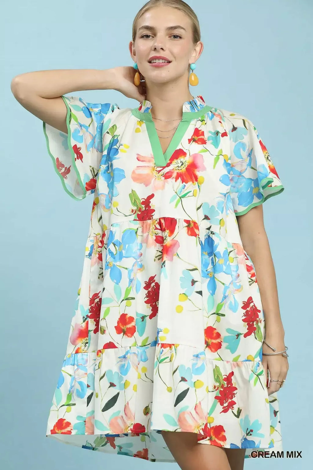 Umgee Watercolor Floral Print Dress with Contrast Trim